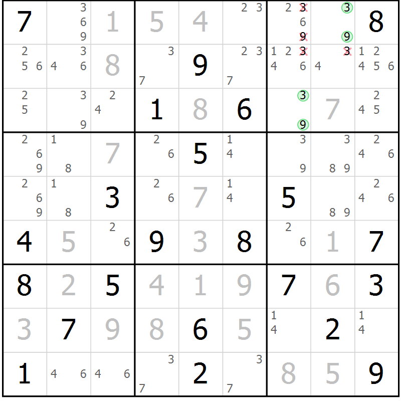 Position des candidats pour la solution de la Gr 18 page 21 du magazine de sudoku Virtuose n° 123