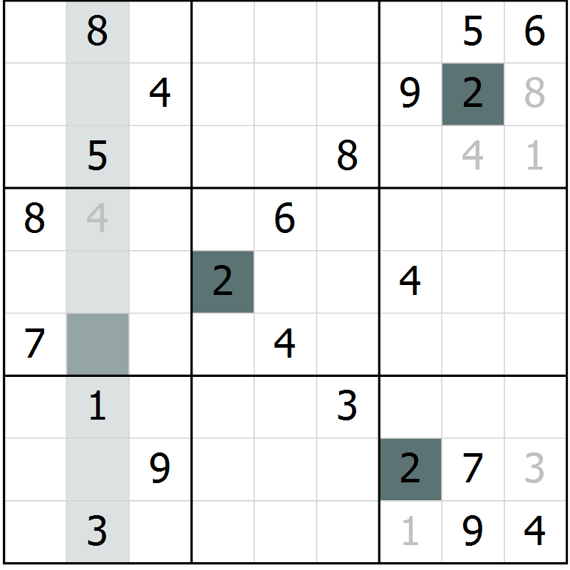 Position des candidats pour la solution de la Gr 2 page 5 du magazine de sudoku Virtuose n° 123