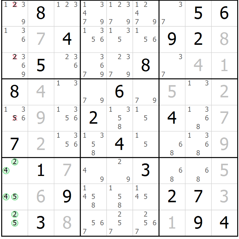 Position des candidats pour la solution de la Gr 2 page 5 du magazine de sudoku Virtuose n° 123