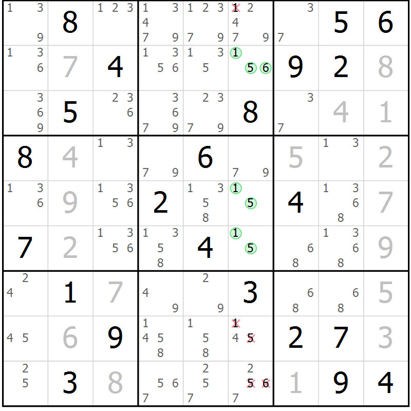 Position des candidats pour la solution de la Gr 2 page 5 du magazine de sudoku Virtuose n° 123