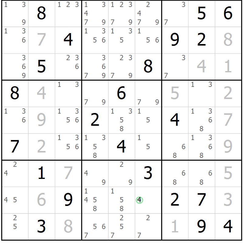 Position des candidats pour la solution de la Gr 2 page 5 du magazine de sudoku Virtuose n° 123