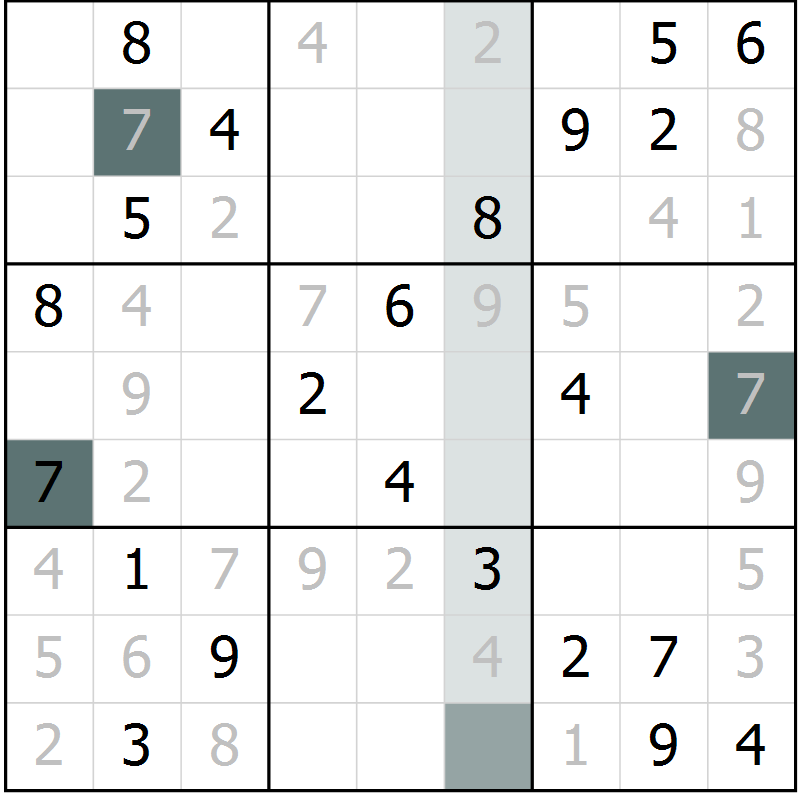 Position des candidats pour la solution de la Gr 2 page 5 du magazine de sudoku Virtuose n° 123