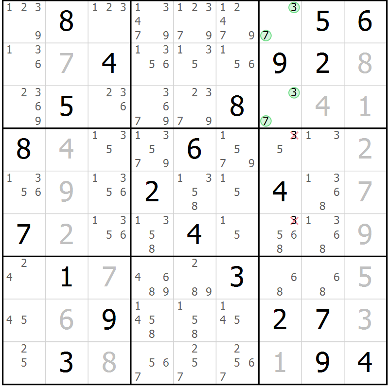 Position des candidats pour la solution de la Gr 2 page 5 du magazine de sudoku Virtuose n° 123
