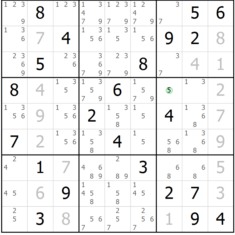Position des candidats pour la solution de la Gr 2 page 5 du magazine de sudoku Virtuose n° 123