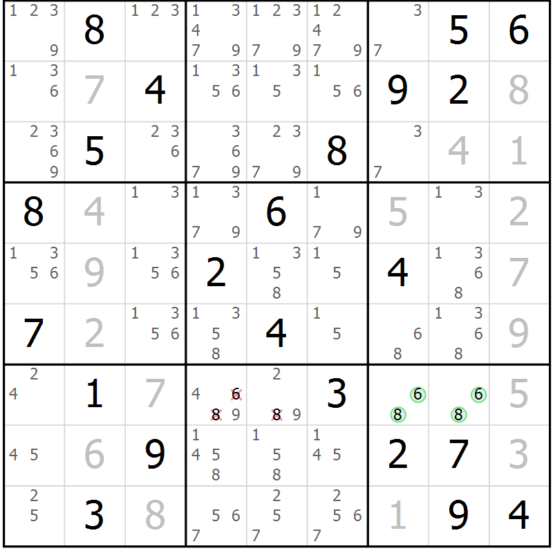Position des candidats pour la solution de la Gr 2 page 5 du magazine de sudoku Virtuose n° 123