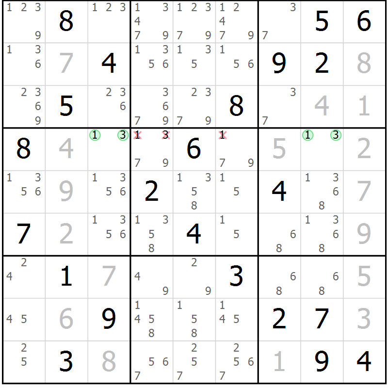 Position des candidats pour la solution de la Gr 2 page 5 du magazine de sudoku Virtuose n° 123