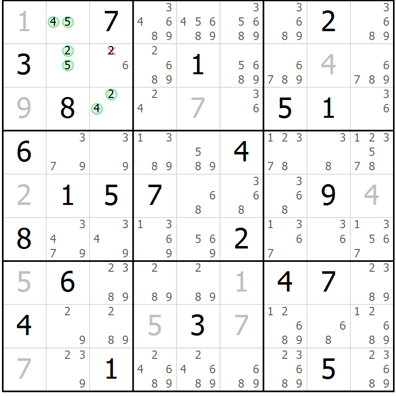 Position des candidats pour la solution de la Gr 21 page 24 du magazine de sudoku Virtuose n° 123