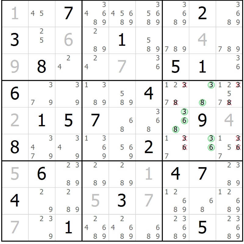 Position des candidats pour la solution de la Gr 21 page 24 du magazine de sudoku Virtuose n° 123