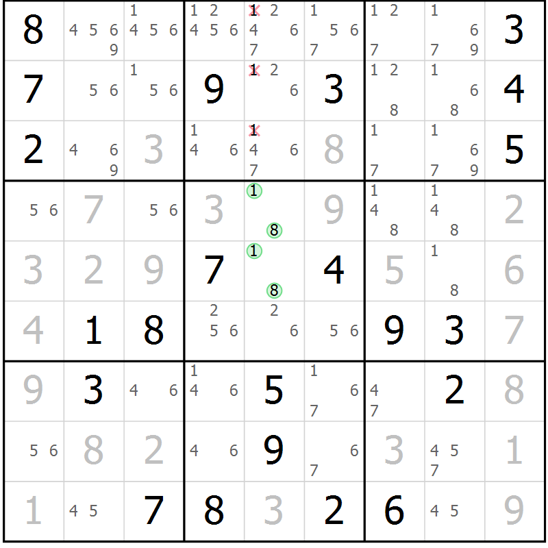 Position des candidats pour la solution de la Gr 22 page 25 du magazine de sudoku Virtuose n° 123