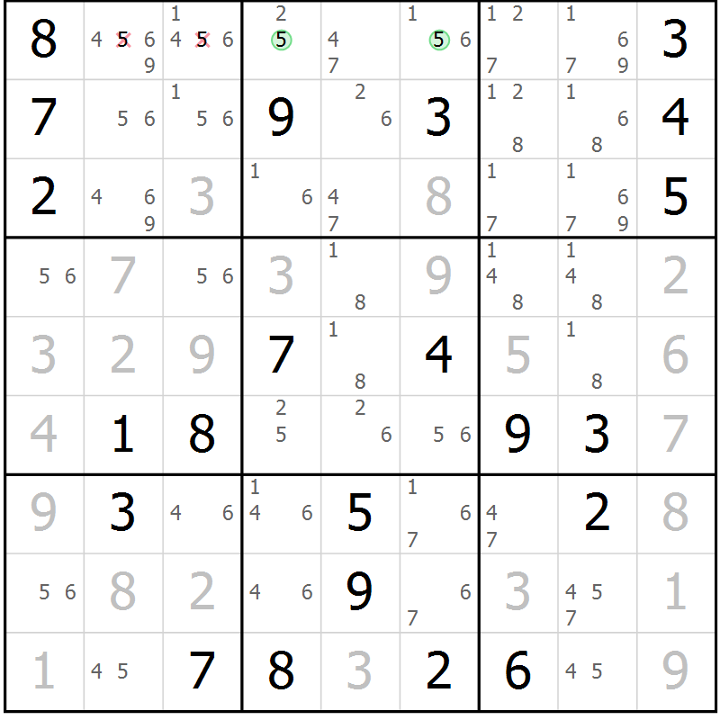 Position des candidats pour la solution de la Gr 22 page 25 du magazine de sudoku Virtuose n° 123