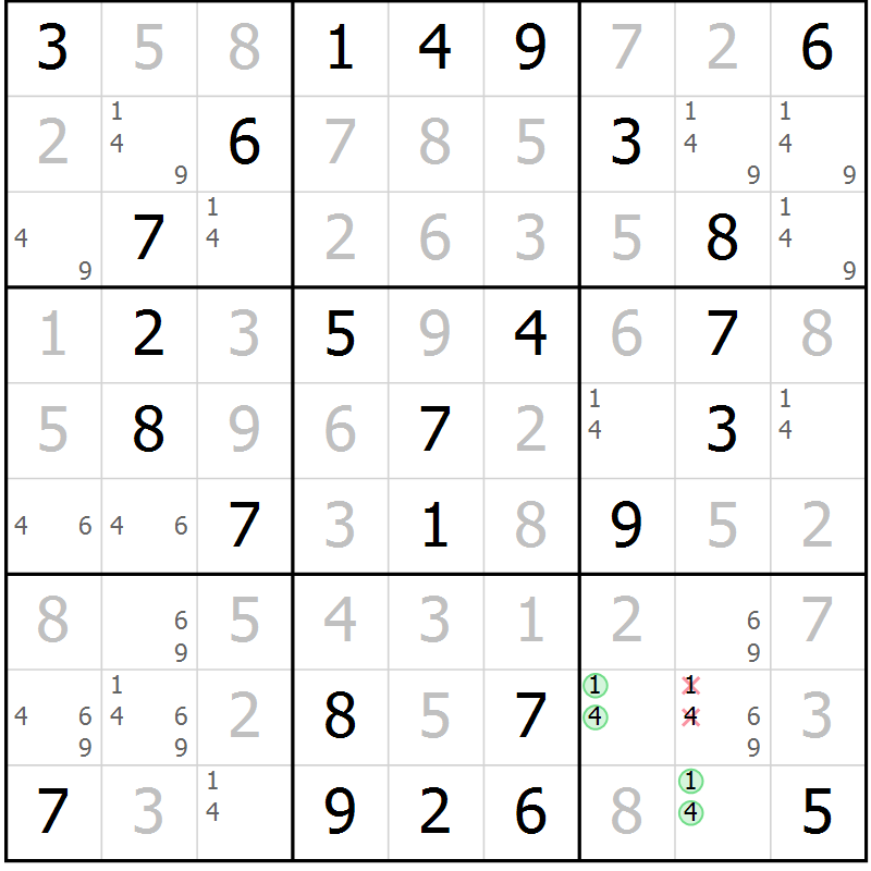 Position des candidats pour la solution de la Gr 23 page 26 du magazine de sudoku Virtuose n° 123