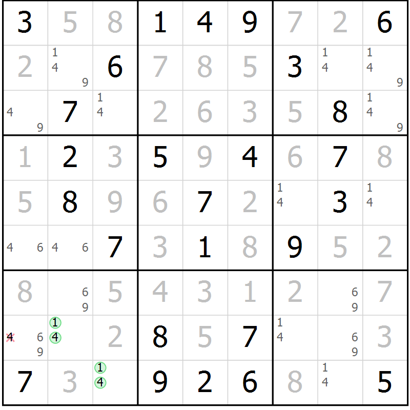Position des candidats pour la solution de la Gr 23 page 26 du magazine de sudoku Virtuose n° 123