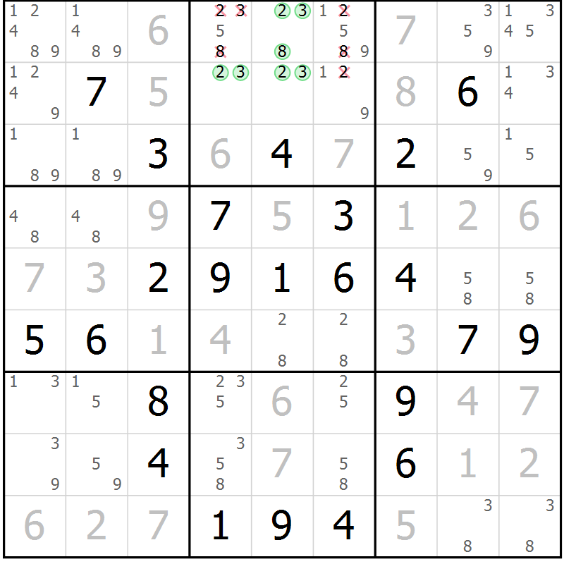 Position des candidats pour la solution de la Gr 24 page 27 du magazine de sudoku Virtuose n° 123