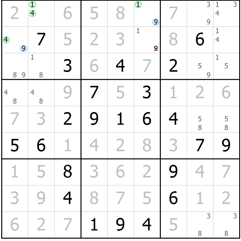 Position des candidats pour la solution de la Gr 24 page 27 du magazine de sudoku Virtuose n° 123