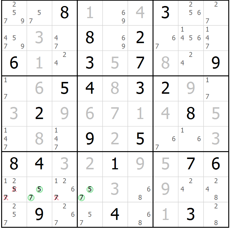 Position des candidats pour la solution de la Gr 25 page 28 du magazine de sudoku Virtuose n° 123
