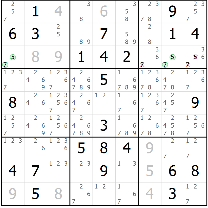 Position des candidats pour la solution de la Gr 28 page 31 du magazine de sudoku Virtuose n° 123