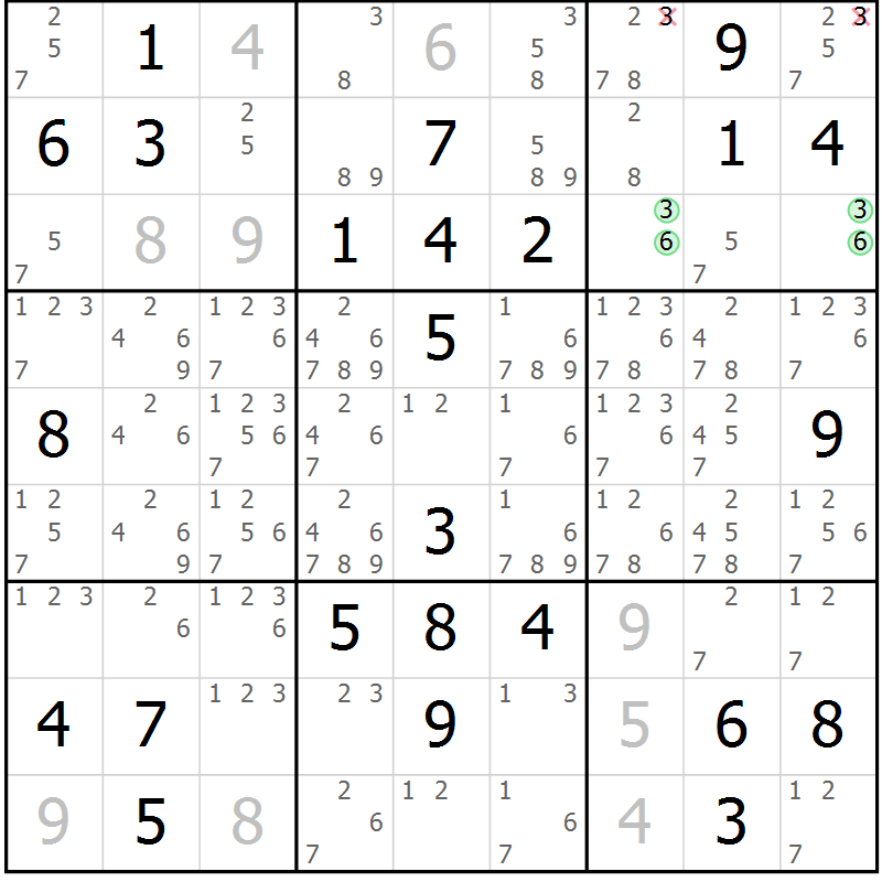 Position des candidats pour la solution de la Gr 28 page 31 du magazine de sudoku Virtuose n° 123