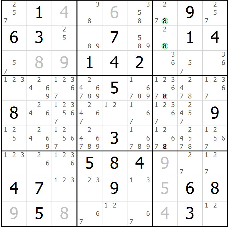 Position des candidats pour la solution de la Gr 28 page 31 du magazine de sudoku Virtuose n° 123