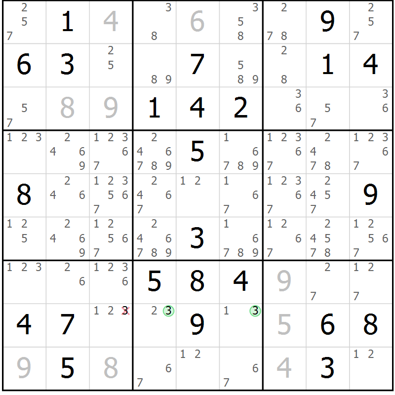 Position des candidats pour la solution de la Gr 28 page 31 du magazine de sudoku Virtuose n° 123