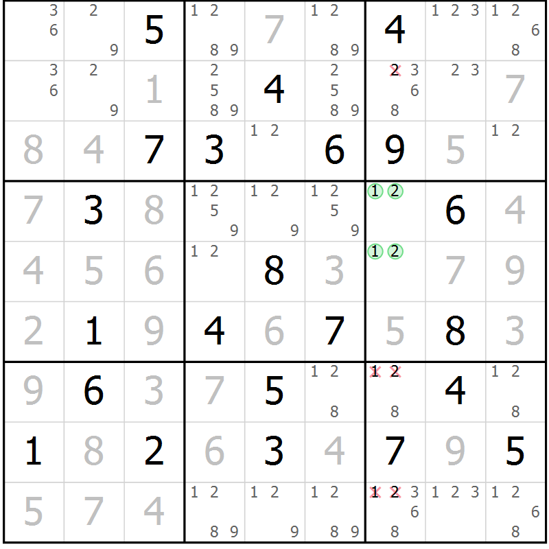 Position des candidats pour la solution de la Gr 3 page 6 du magazine de sudoku Virtuose n° 123