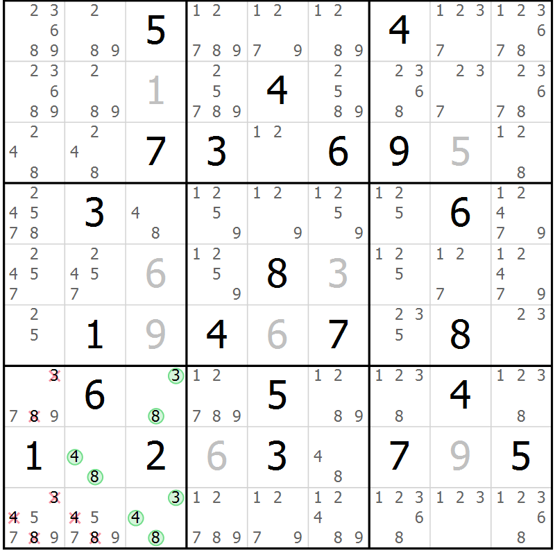 Position des candidats pour la solution de la Gr 3 page 6 du magazine de sudoku Virtuose n° 123