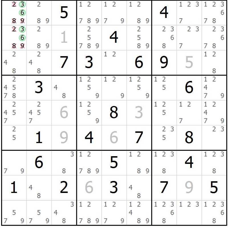 Position des candidats pour la solution de la Gr 3 page 6 du magazine de sudoku Virtuose n° 123