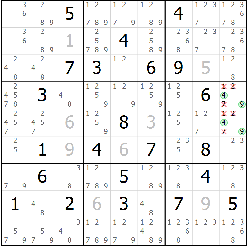 Position des candidats pour la solution de la Gr 3 page 6 du magazine de sudoku Virtuose n° 123