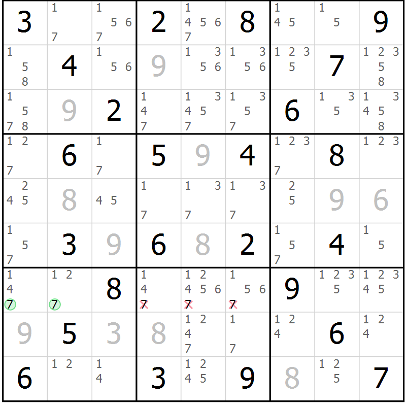 Position des candidats pour la solution de la Gr 32 page 35 du magazine de sudoku Virtuose n° 123