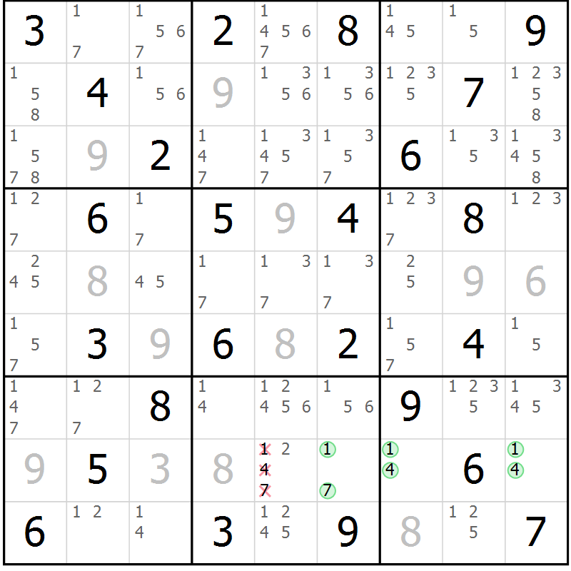 Position des candidats pour la solution de la Gr 32 page 35 du magazine de sudoku Virtuose n° 123