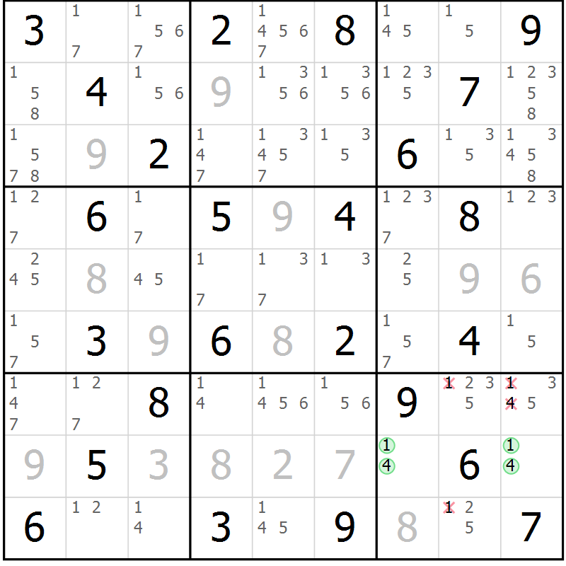 Position des candidats pour la solution de la Gr 32 page 35 du magazine de sudoku Virtuose n° 123