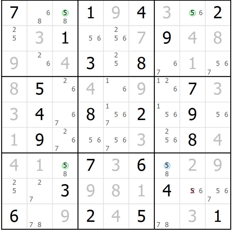 Position des candidats pour la solution de la Gr 33 page 36 du magazine de sudoku Virtuose n° 123