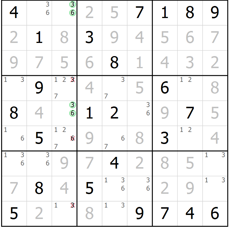 Position des candidats pour la solution de la Gr 36 page 39 du magazine de sudoku Virtuose n° 123