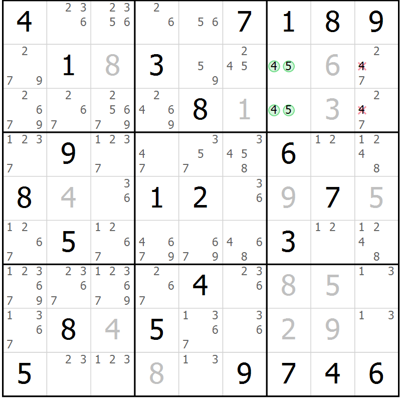 Position des candidats pour la solution de la Gr 36 page 39 du magazine de sudoku Virtuose n° 123