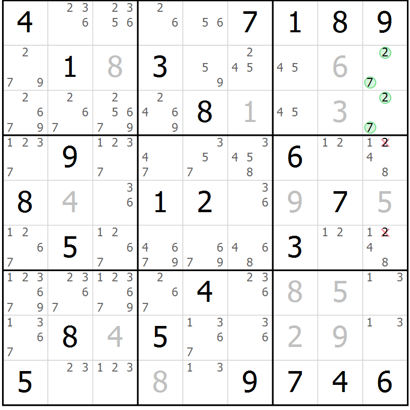Position des candidats pour la solution de la Gr 36 page 39 du magazine de sudoku Virtuose n° 123
