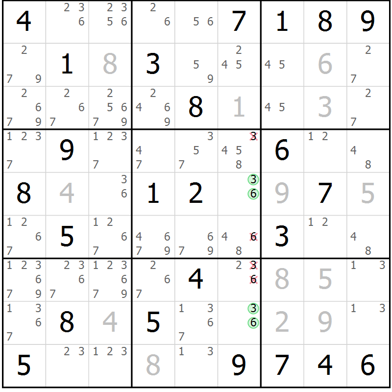 Position des candidats pour la solution de la Gr 36 page 39 du magazine de sudoku Virtuose n° 123