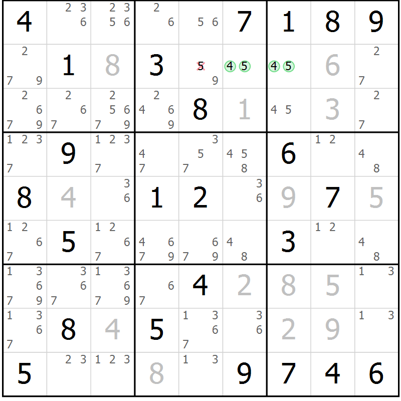 Position des candidats pour la solution de la Gr 36 page 39 du magazine de sudoku Virtuose n° 123