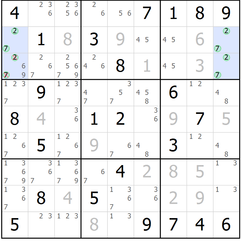 Position des candidats pour la solution de la Gr 36 page 39 du magazine de sudoku Virtuose n° 123