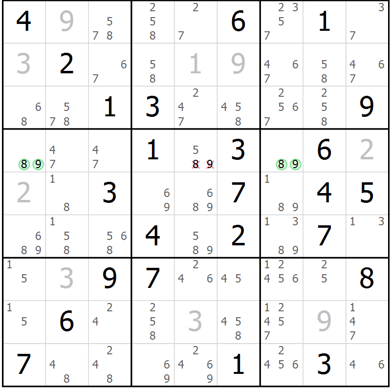 Position des candidats pour la solution de la Gr 39 page 42 du magazine de sudoku Virtuose n° 123