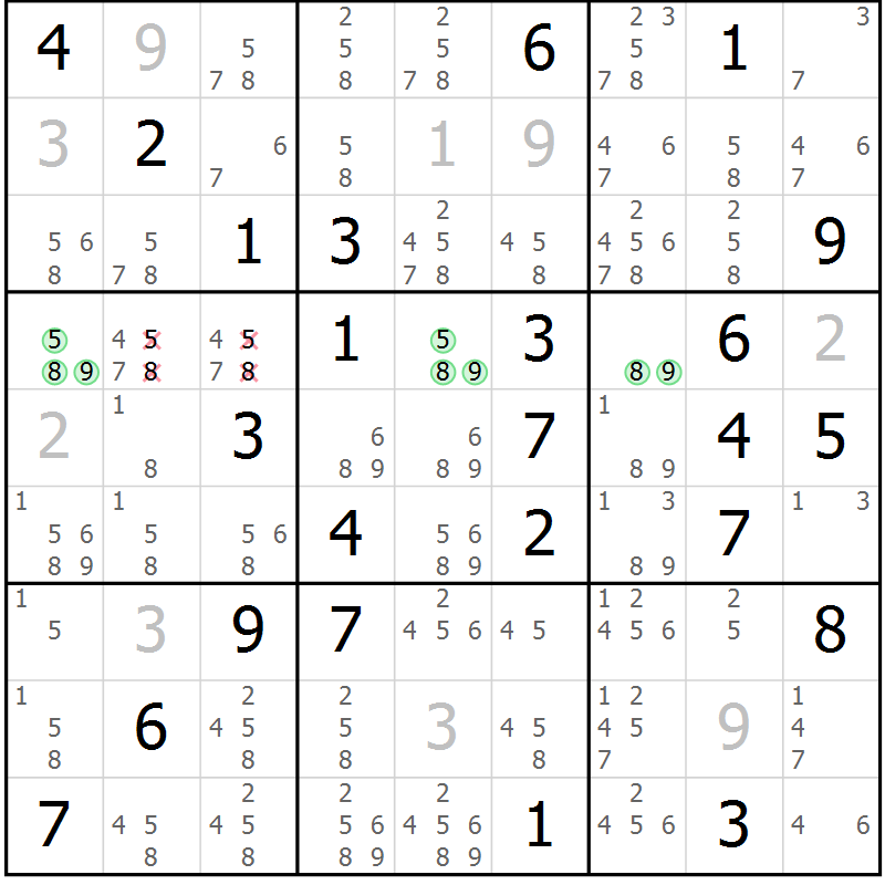 Position des candidats pour la solution de la Gr 39 page 42 du magazine de sudoku Virtuose n° 123