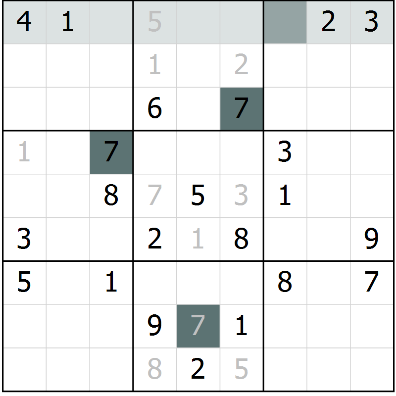 Position des candidats pour la solution de la Gr 4 page 7 du magazine de sudoku Virtuose n° 123
