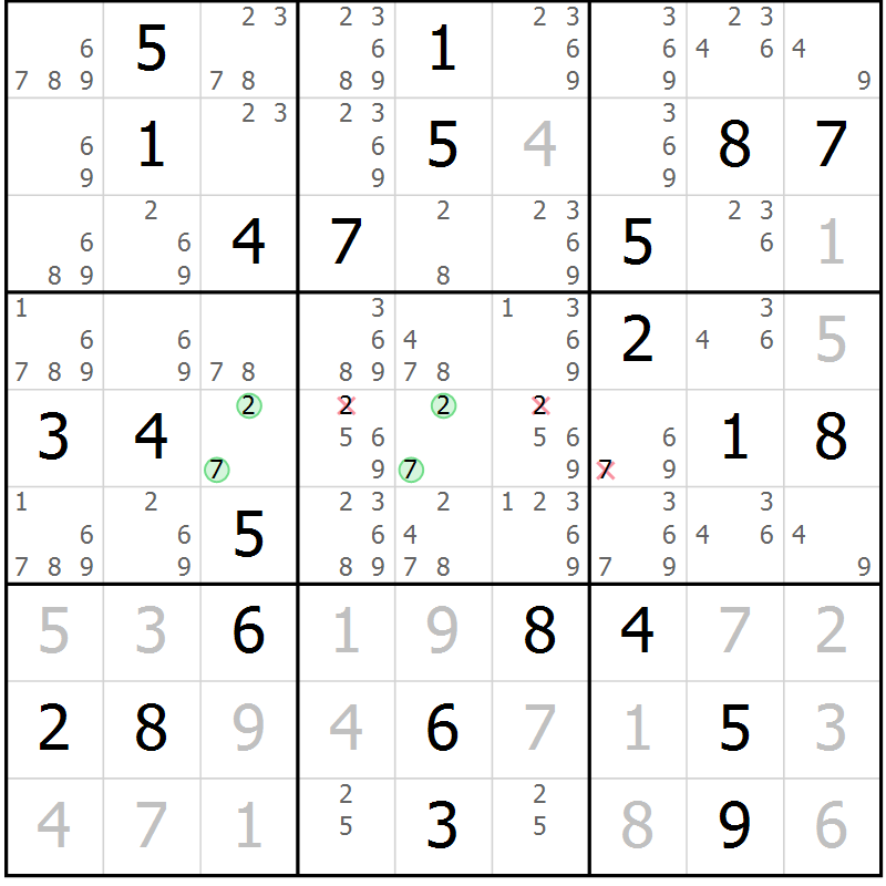 Position des candidats pour la solution de la Gr 40 page 43 du magazine de sudoku Virtuose n° 123