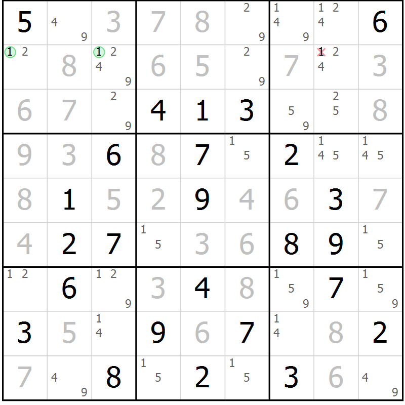 Position des candidats pour la solution de la Gr 42 page 45 du magazine de sudoku Virtuose n° 123