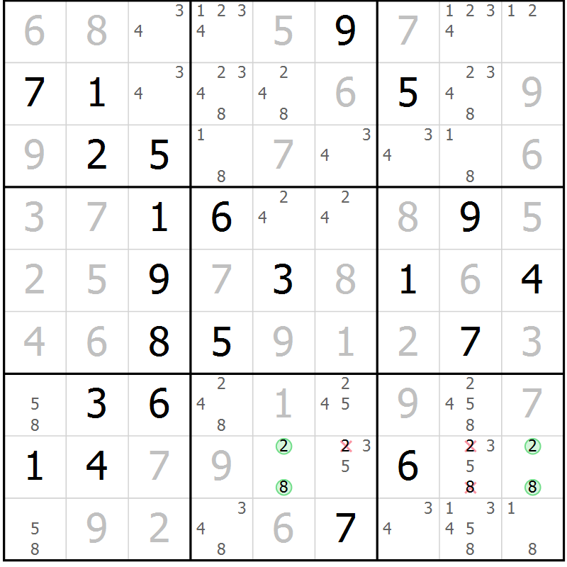 Position des candidats pour la solution de la Gr 43 page 46 du magazine de sudoku Virtuose n° 123