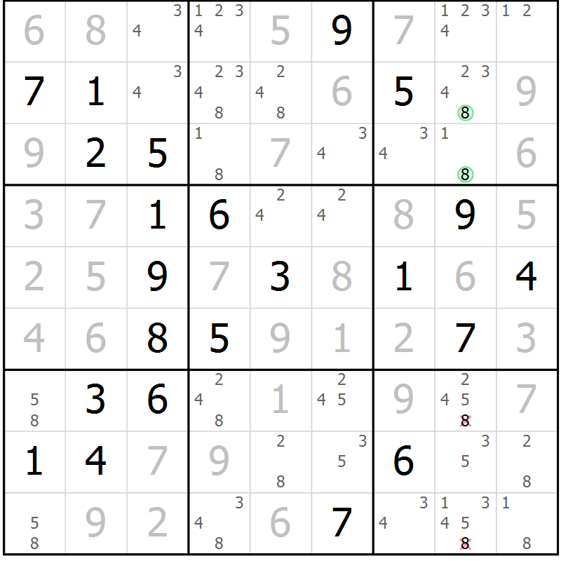 Position des candidats pour la solution de la Gr 43 page 46 du magazine de sudoku Virtuose n° 123