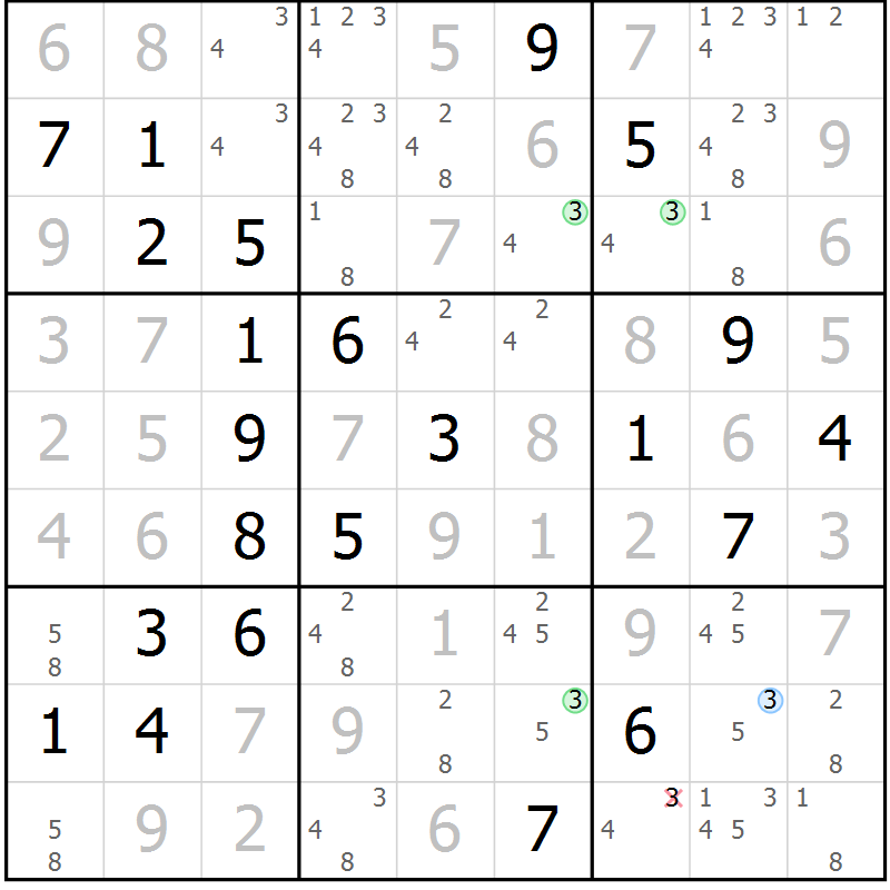 Position des candidats pour la solution de la Gr 43 page 46 du magazine de sudoku Virtuose n° 123