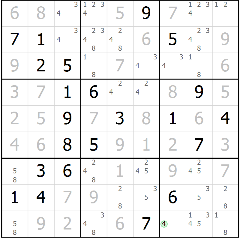 Position des candidats pour la solution de la Gr 43 page 46 du magazine de sudoku Virtuose n° 123