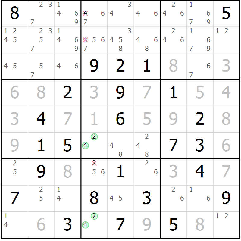 Position des candidats pour la solution de la Gr 44 page 47 du magazine de sudoku Virtuose n° 123