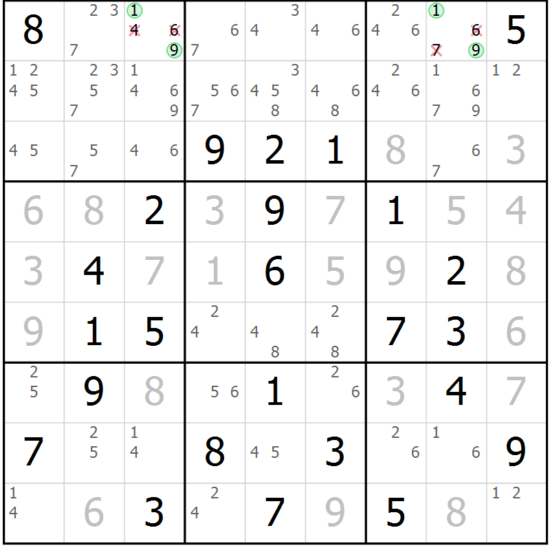 Position des candidats pour la solution de la Gr 44 page 47 du magazine de sudoku Virtuose n° 123