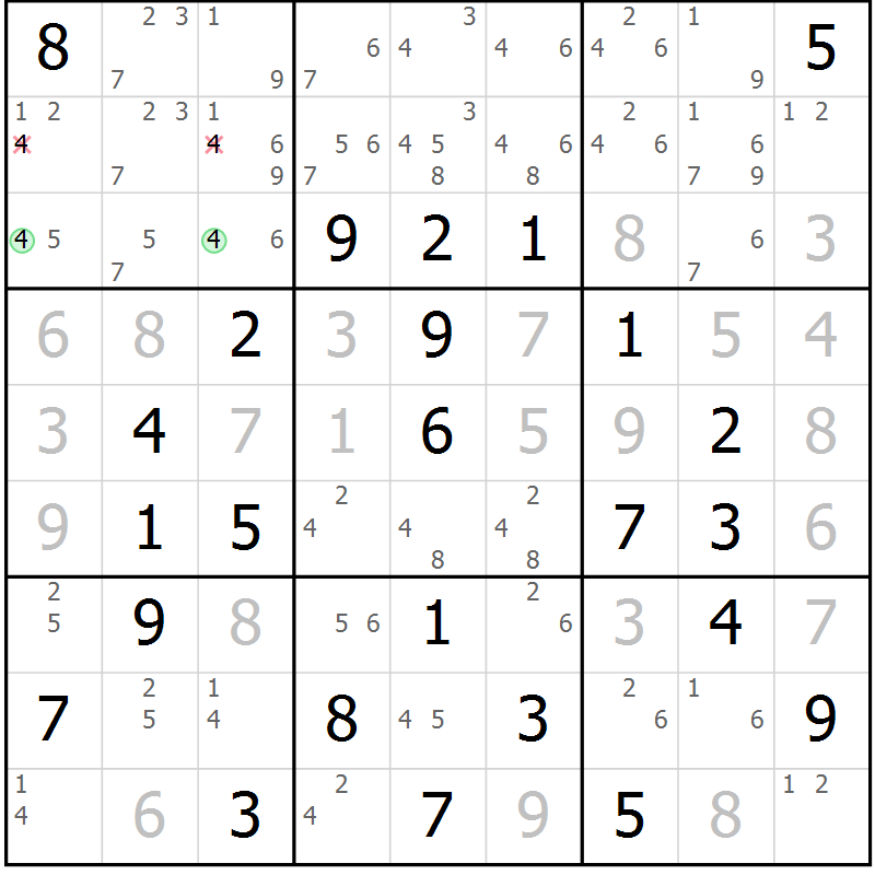 Position des candidats pour la solution de la Gr 44 page 47 du magazine de sudoku Virtuose n° 123