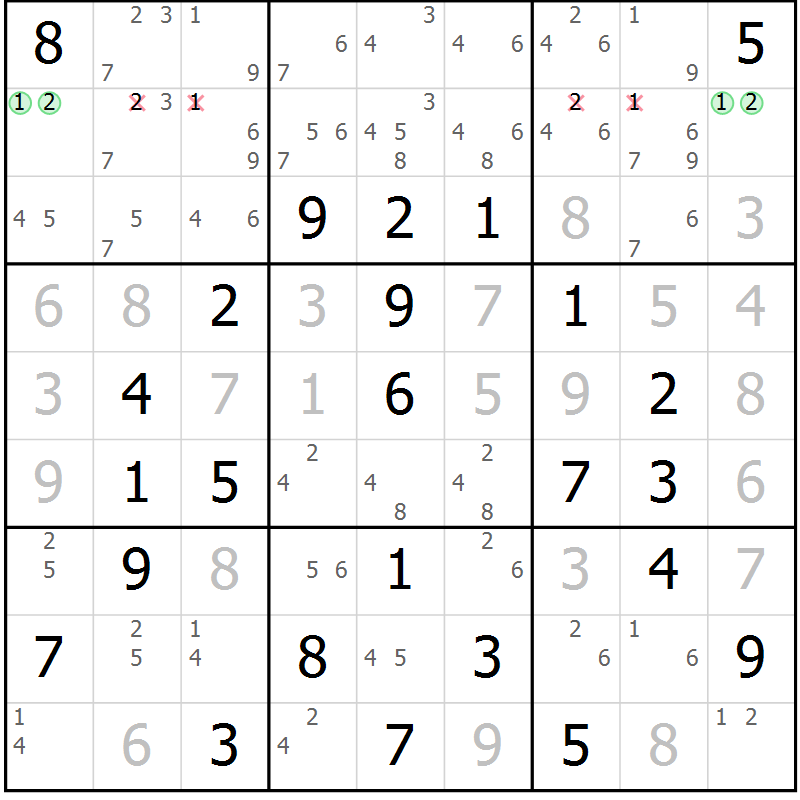 Position des candidats pour la solution de la Gr 44 page 47 du magazine de sudoku Virtuose n° 123